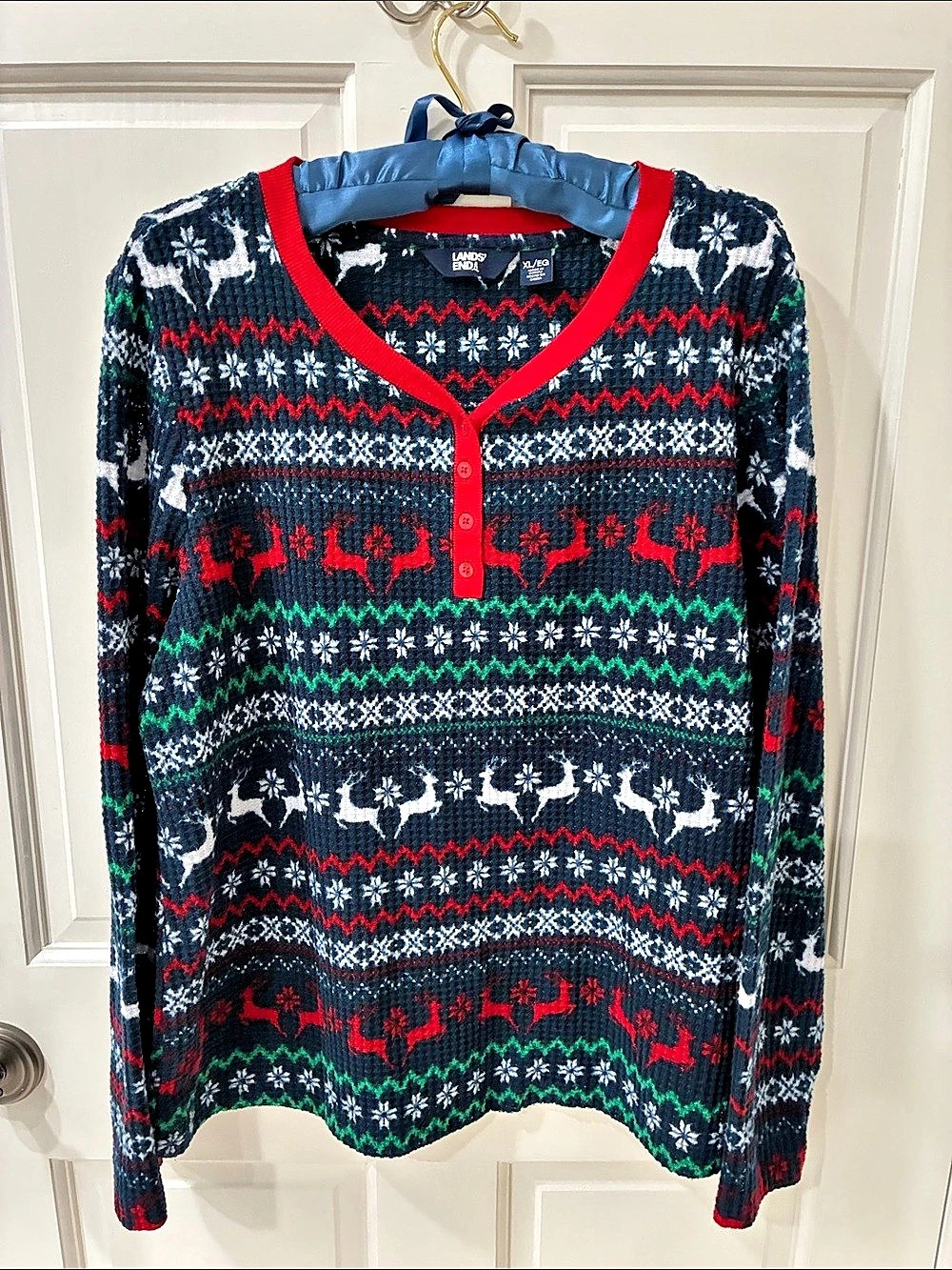 Lands' End Fair Isle V-Neck Waffle Shirt or PJ Top in Black & Red XL